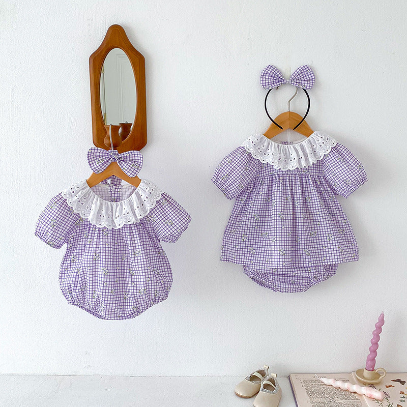 Summer Girls Plaid Design Flowers Pattern Short Sleeves Hollow Out top in purple and beige, made of soft cotton, perfect for summer wear.