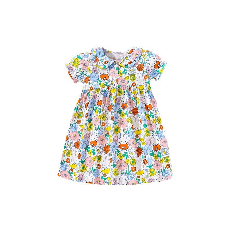 A vibrant yellow summer dress for girls featuring a floral print and a Peter Pan collar, perfect for warm weather outings.
