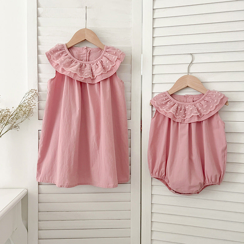 A collection of Summer Girls Solid Color Sleeveless Big Collar Onesies in pink, light pink, yellow, and light yellow, showcasing their stylish design.