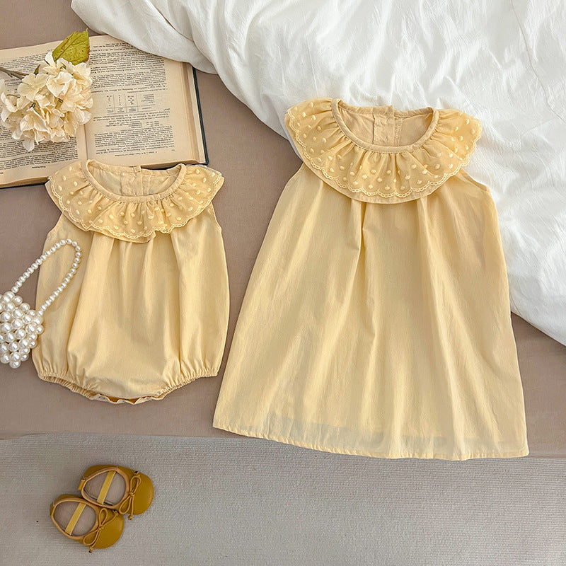 A collection of Summer Girls Solid Color Sleeveless Big Collar Onesies in pink, light pink, yellow, and light yellow, showcasing their stylish design.