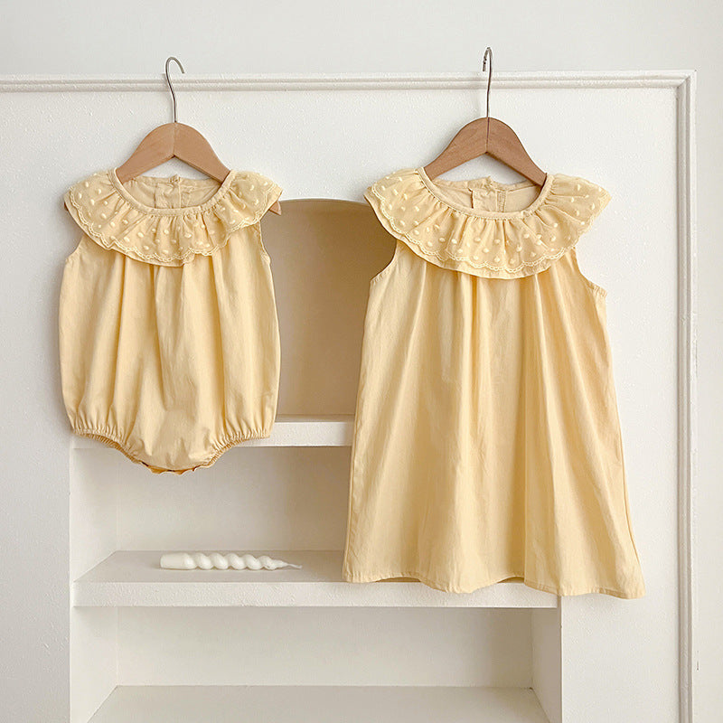 A collection of Summer Girls Solid Color Sleeveless Big Collar Onesies in pink, light pink, yellow, and light yellow, showcasing their stylish design.