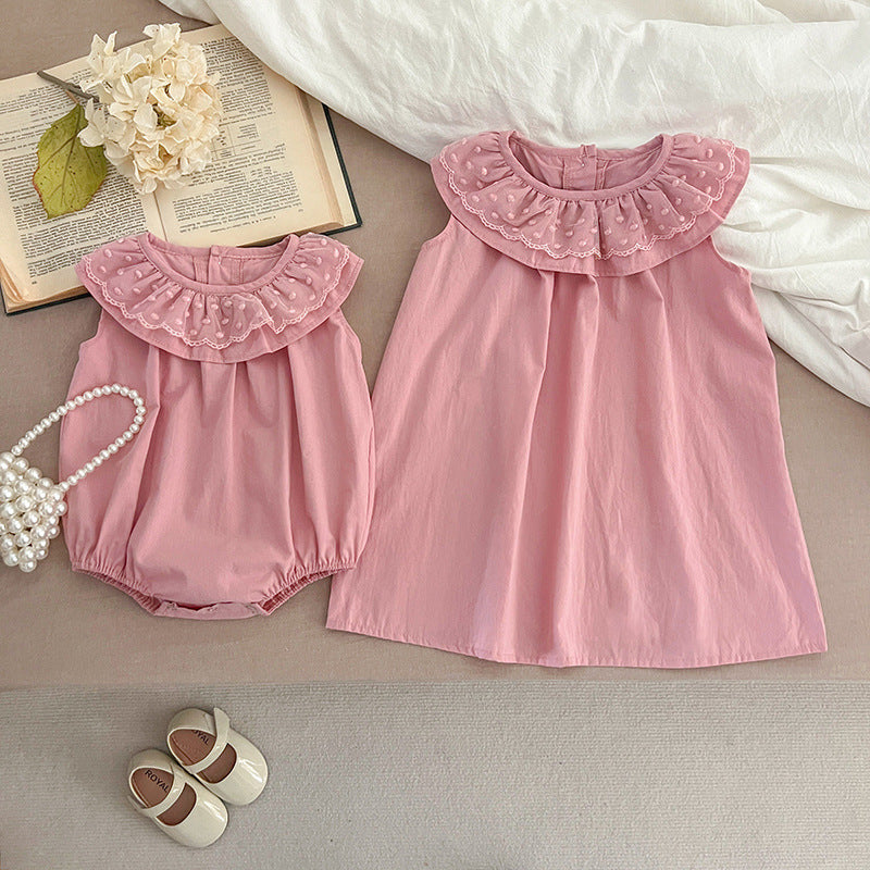 A collection of Summer Girls Solid Color Sleeveless Big Collar Onesies in pink, light pink, yellow, and light yellow, showcasing their stylish design.