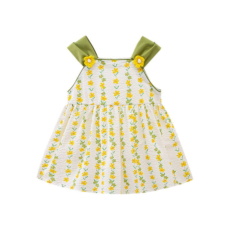 A bright yellow floral pattern sleeveless strap onesie for girls, showcasing vibrant flowers on a soft fabric.