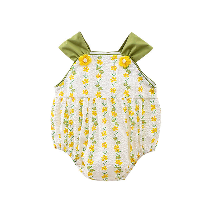 A bright yellow floral pattern sleeveless strap onesie for girls, showcasing vibrant flowers on a soft fabric.
