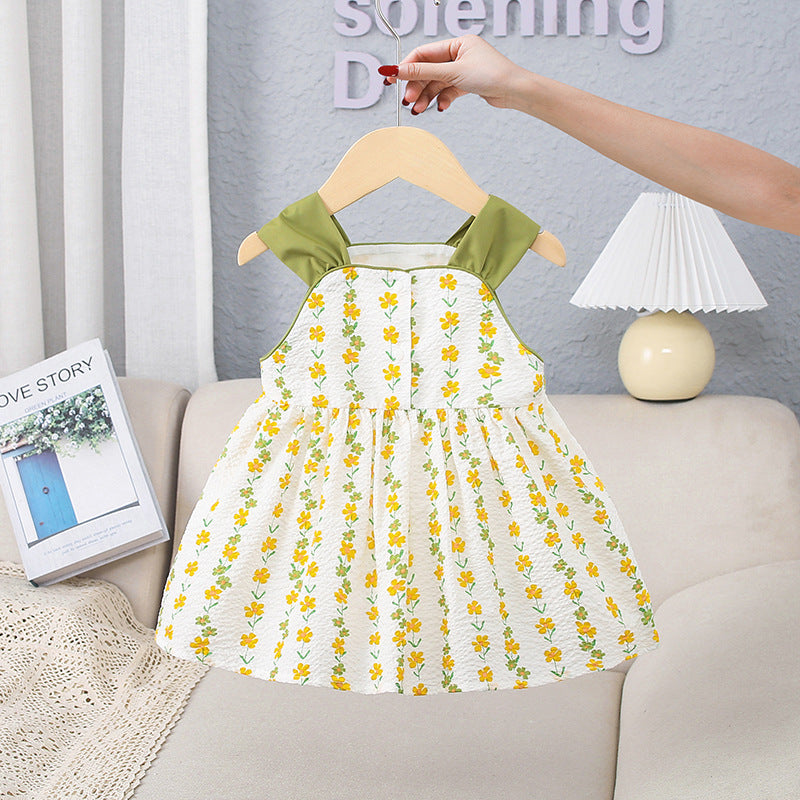 A bright yellow floral pattern sleeveless strap onesie for girls, showcasing vibrant flowers on a soft fabric.