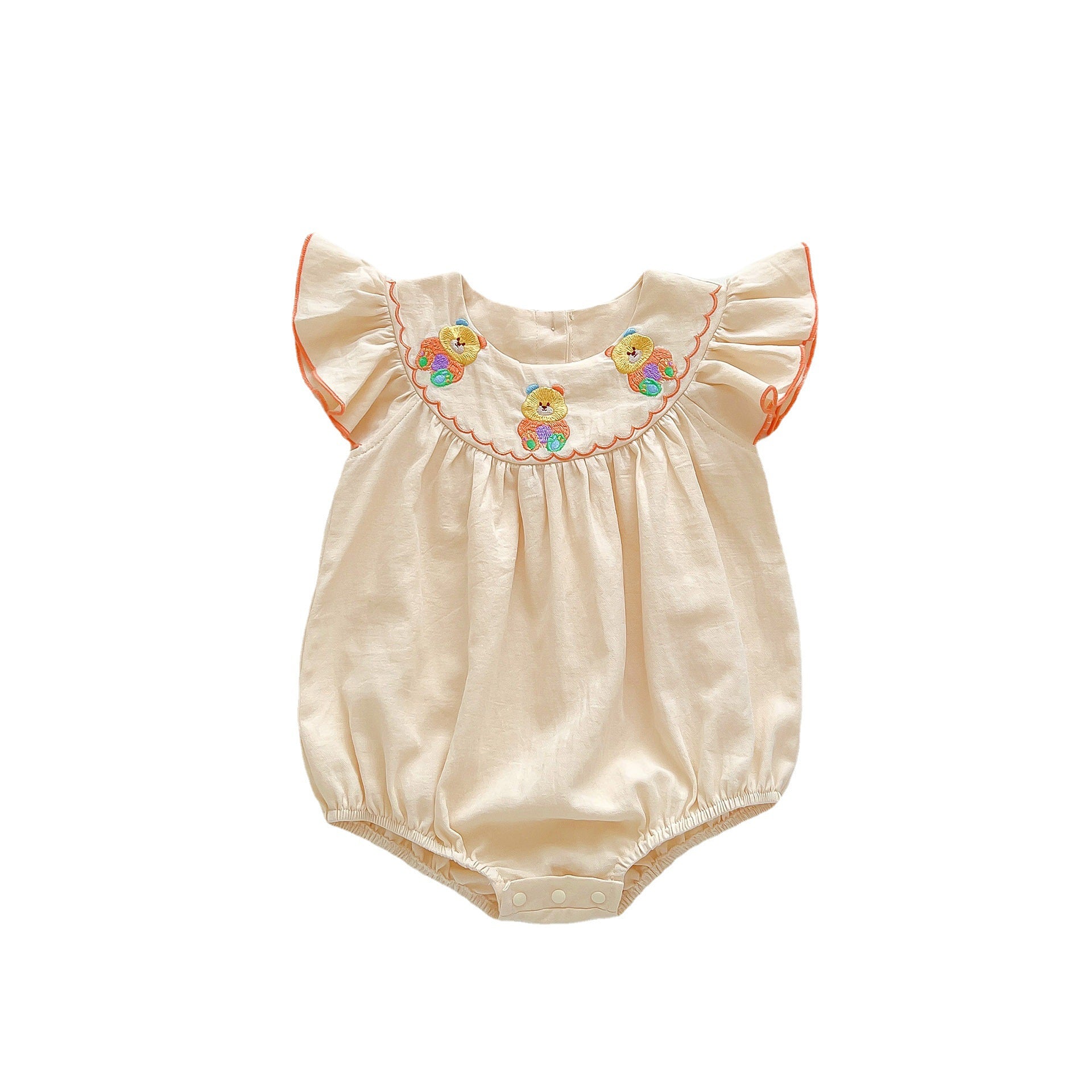 A cute apricot teddy for baby girls featuring fly sleeves and a cartoon pattern, perfect for summer wear.