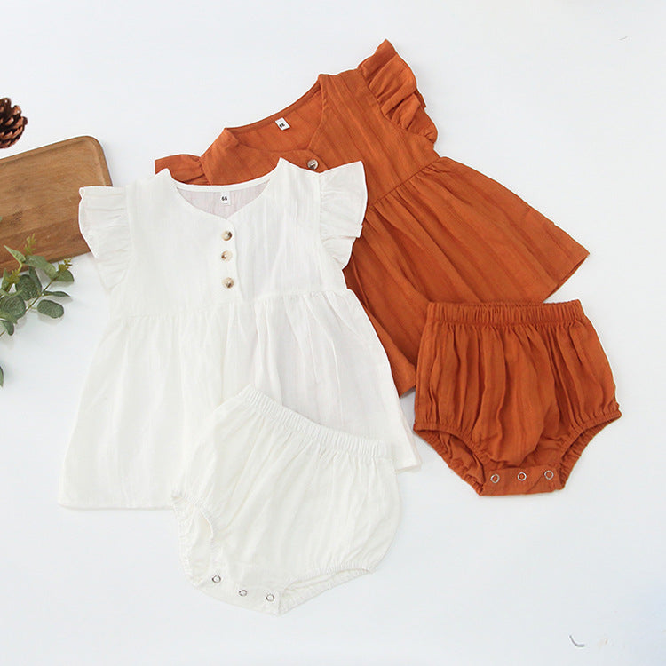Summer Baby Girls Fly Sleeves Solid Color Top Dress in beige and brown, made from soft cotton, perfect for warm weather.