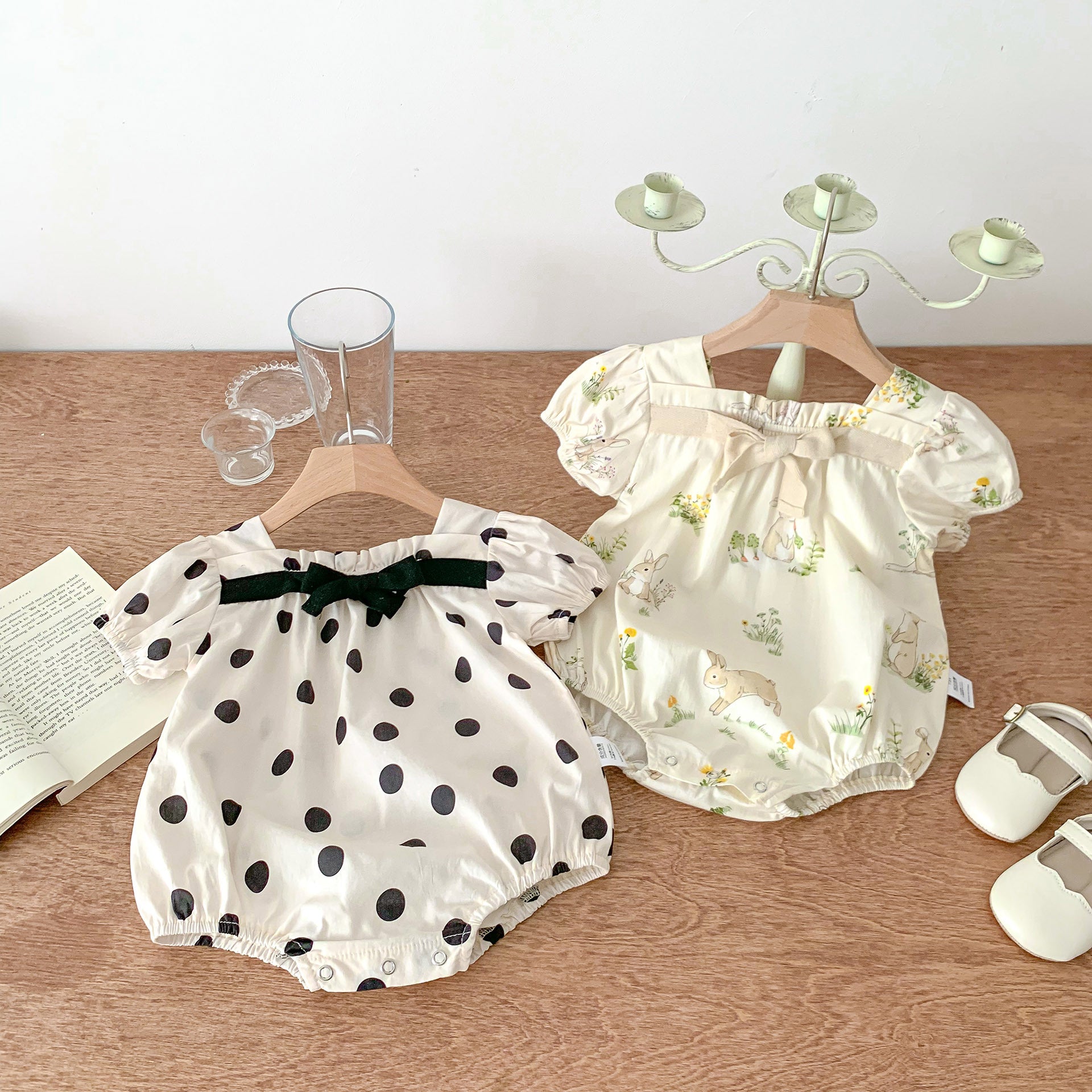 Summer Baby Girls Short Sleeves Square Neck Top featuring rabbit and polka dot patterns in black and beige colors.