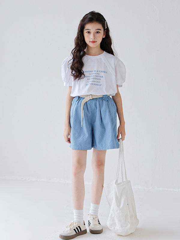 White short sleeves t-shirt for girls featuring a colorful letters pattern, made from soft cotton material, perfect for summer wear.