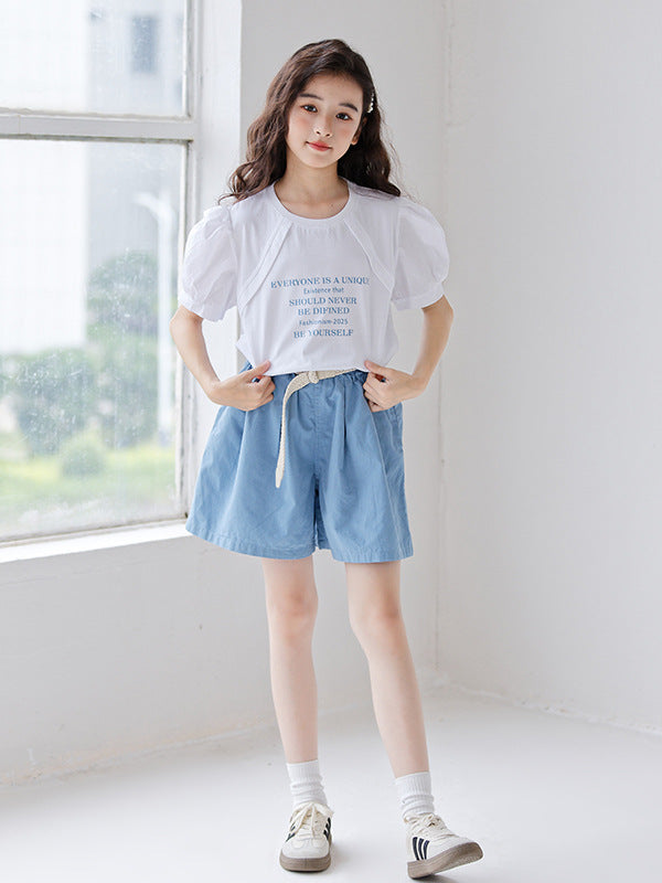 White short sleeves t-shirt for girls featuring a colorful letters pattern, made from soft cotton material, perfect for summer wear.