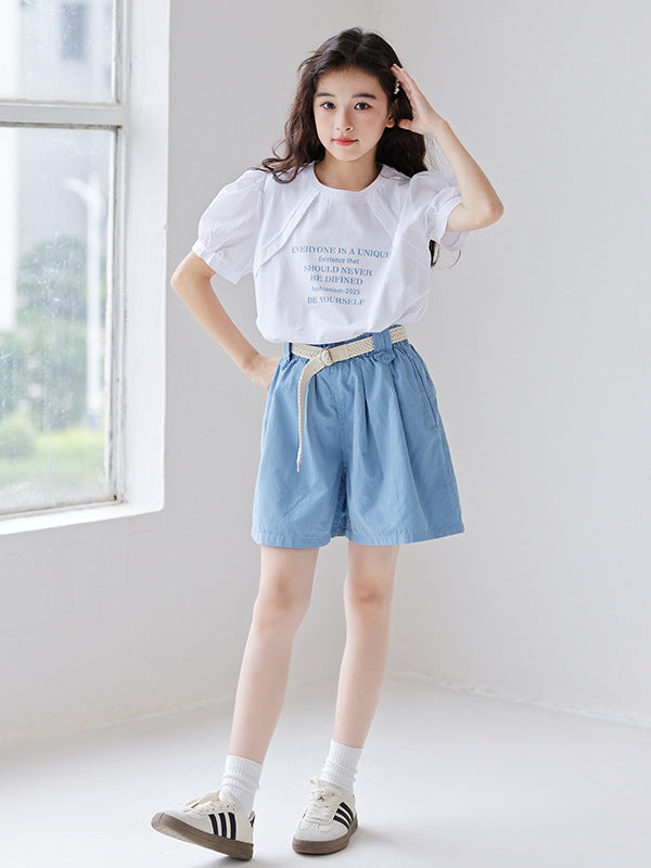 White short sleeves t-shirt for girls featuring a colorful letters pattern, made from soft cotton material, perfect for summer wear.