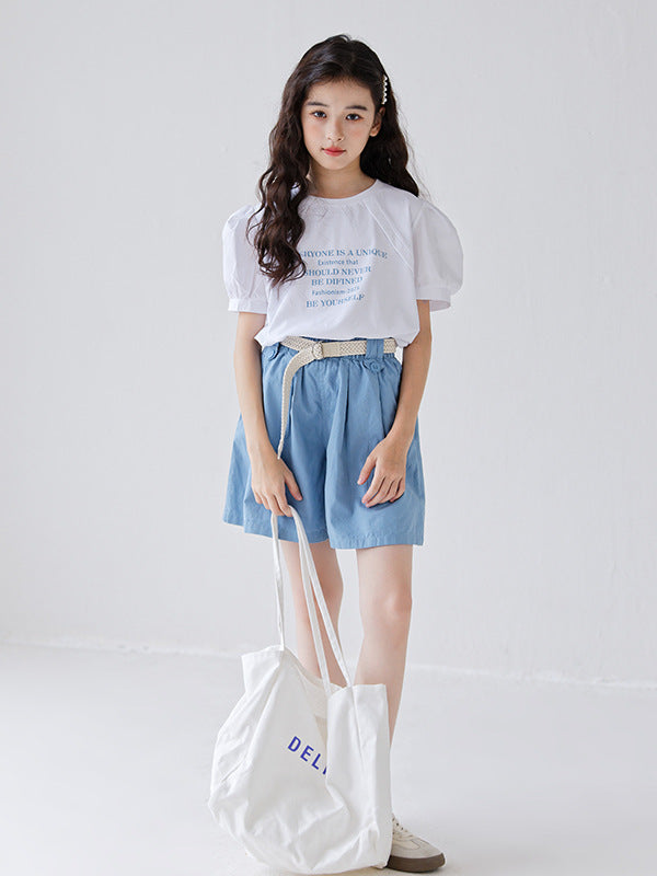 White short sleeves t-shirt for girls featuring a colorful letters pattern, made from soft cotton material, perfect for summer wear.