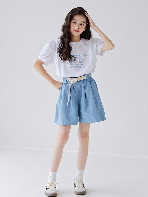 White short sleeves t-shirt for girls featuring a colorful letters pattern, made from soft cotton material, perfect for summer wear.