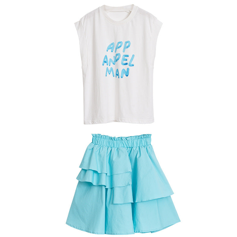 Blue sleeveless t-shirt for girls with letters pattern, made of cotton, perfect for summer wear.