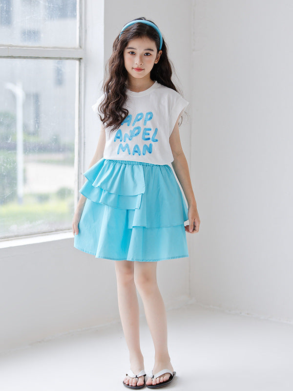 Blue sleeveless t-shirt for girls with letters pattern, made of cotton, perfect for summer wear.