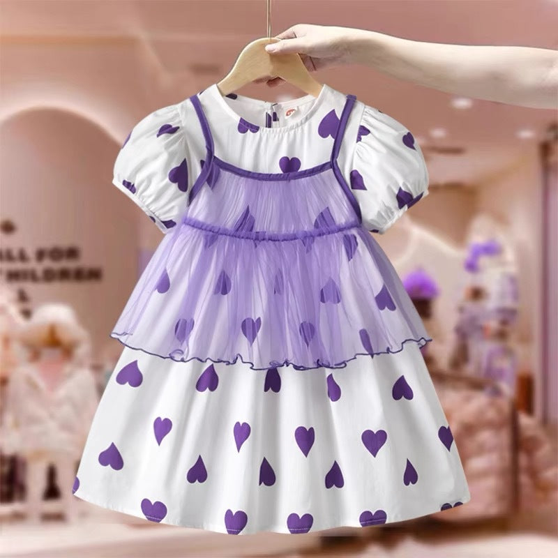A beautiful Summer Kids Girls Short Sleeves Heart Print Sweet Mesh Princess Dress in pink and purple, featuring a heart pattern and short sleeves.