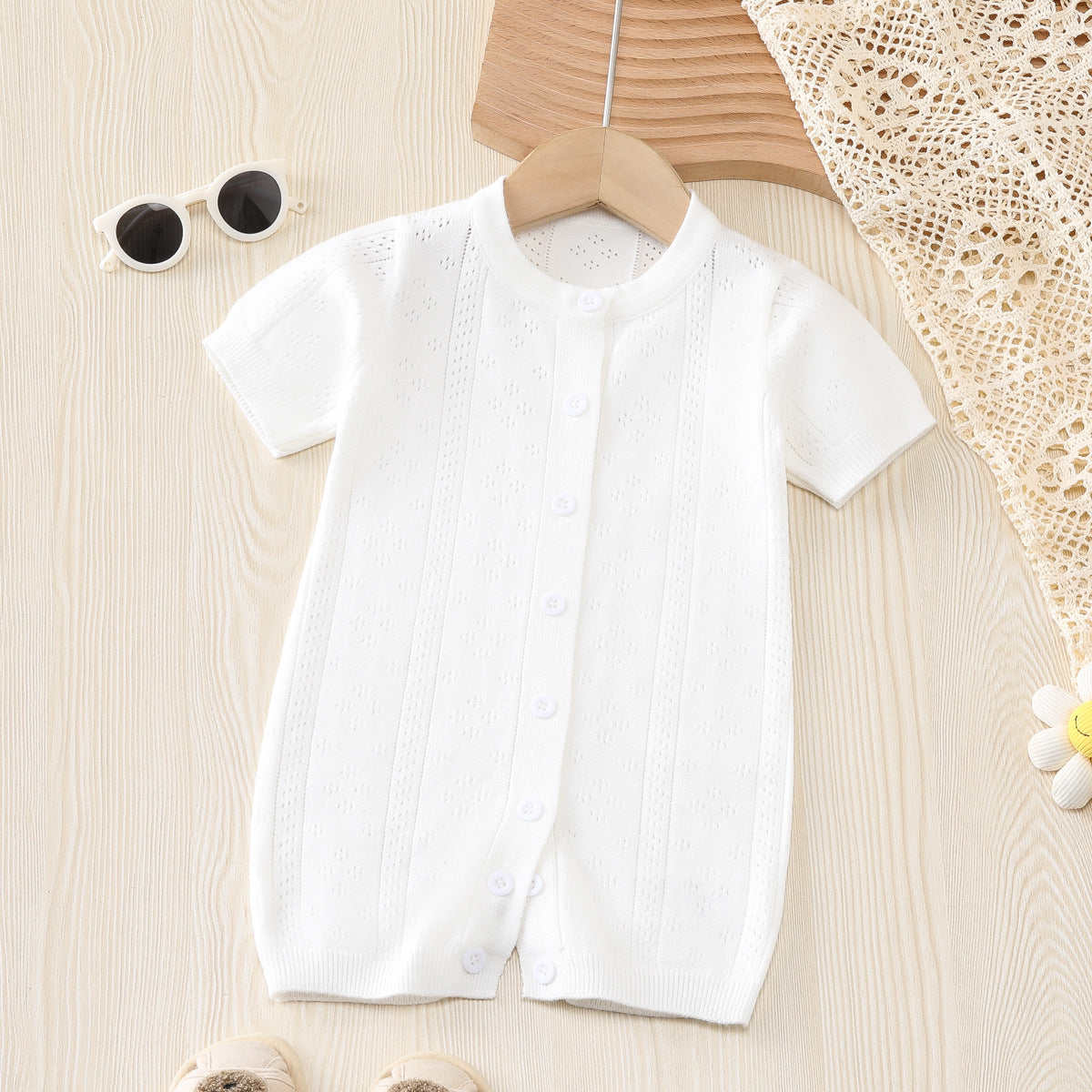 Summer New Arrival Baby Unisex Solid Color Short Sleeves in white, made from soft cotton and polyester blend, suitable for infants and toddlers.