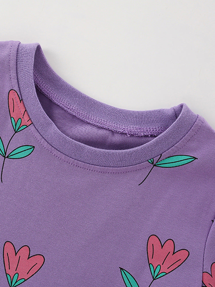 Summer New Arrival Girls’ Flowers Pattern Crew Neck Short Sleeves in purple with floral design, perfect for warm weather.