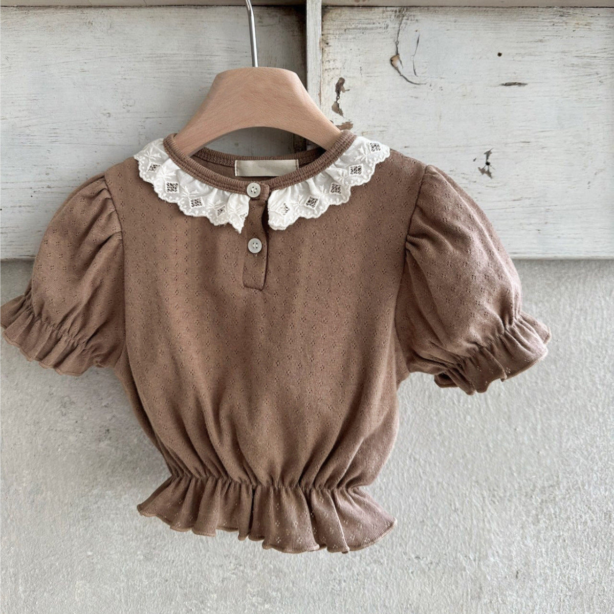 Summer New Design Baby Girl dress featuring geometric pattern collar and short puff sleeves in white and coffee colors.