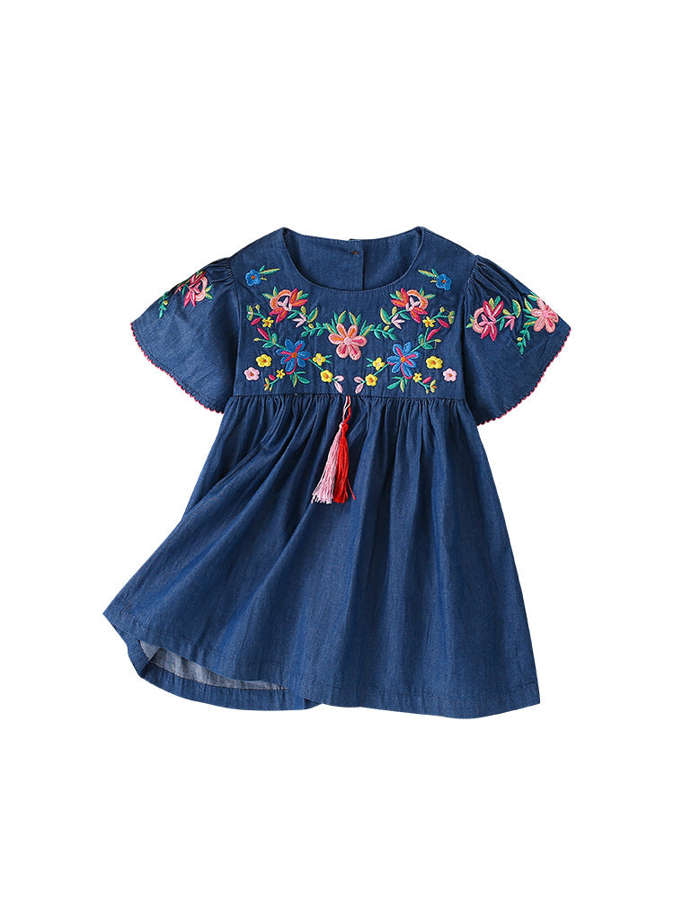 Summer New Design Girls’ Flowers Embroidery Pattern Crew Neck Short in blue, showcasing floral embroidery and soft cotton fabric.