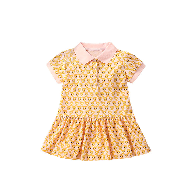 A vibrant yellow shirt for girls featuring a cute numerous rabbits pattern and a classic turn-down collar, perfect for summer wear.