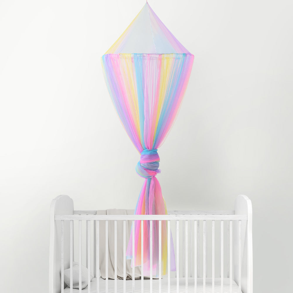 Colorful Summer Rainbow Dome Baby Mosquito Net designed for cribs, featuring a vibrant dome shape and made from durable polyester material.