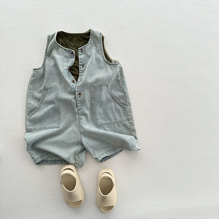 A stylish blue denim sleeveless romper for babies, featuring a half open-front design, perfect for summer wear.