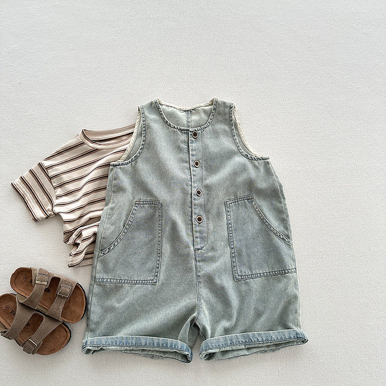 A stylish blue denim sleeveless romper for babies, featuring a half open-front design, perfect for summer wear.