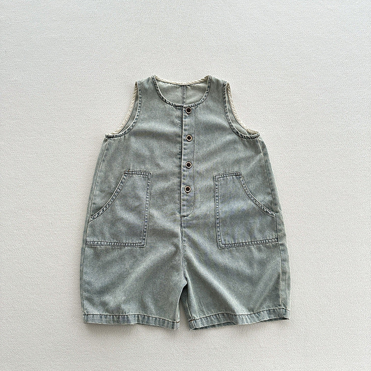 A stylish blue denim sleeveless romper for babies, featuring a half open-front design, perfect for summer wear.