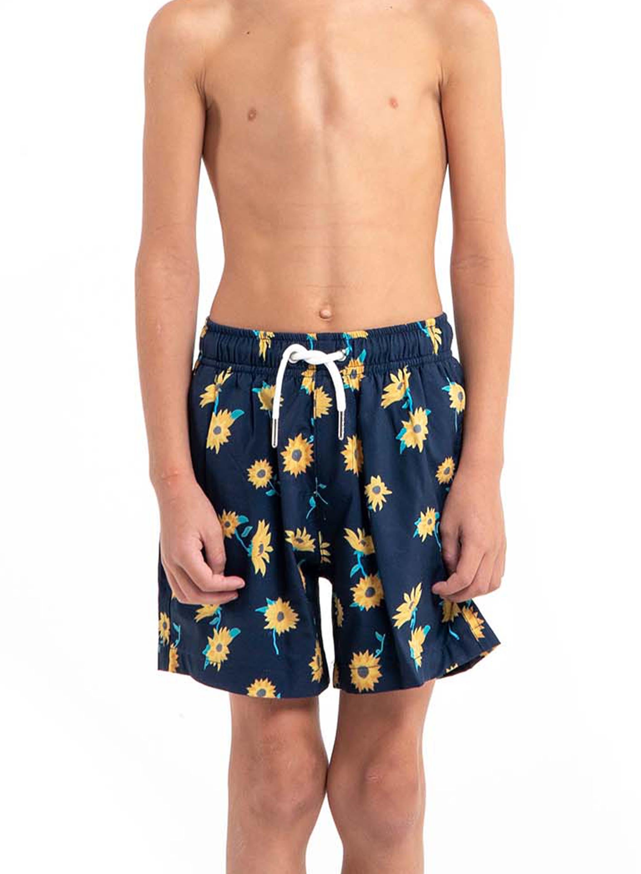 Bright and colorful Sunflower Kids swim trunks made from recycled materials, featuring a stretchy mesh liner and multiple pockets.