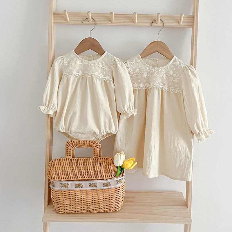 Sweet Style Mesh Patched Design Outfits in white and beige for girls, made from soft cotton, perfect for summer wear.