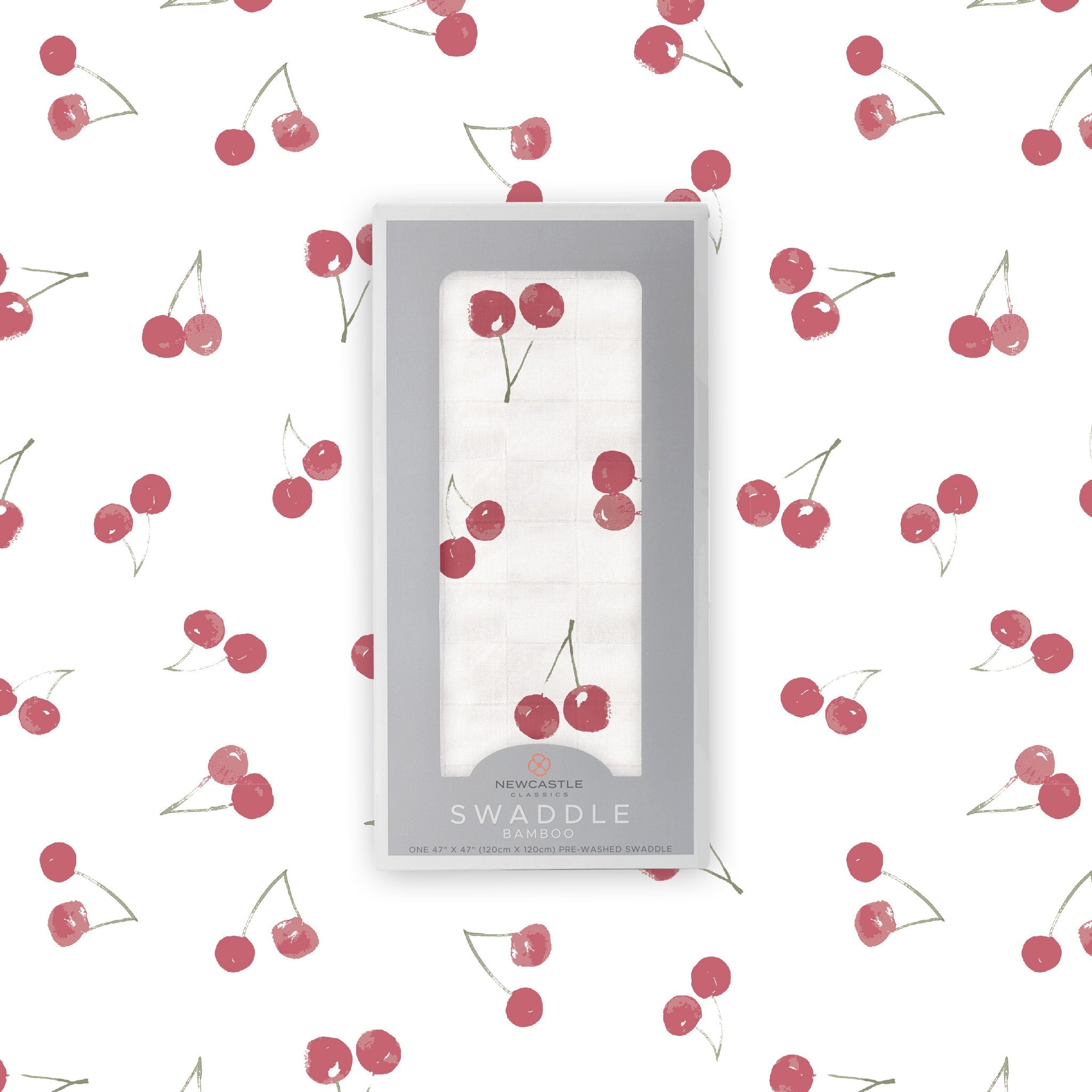 Sweetheart Cherry Bamboo Swaddle featuring a soft cherry pattern, made from breathable natural bamboo muslin, perfect for swaddling and multi-use.