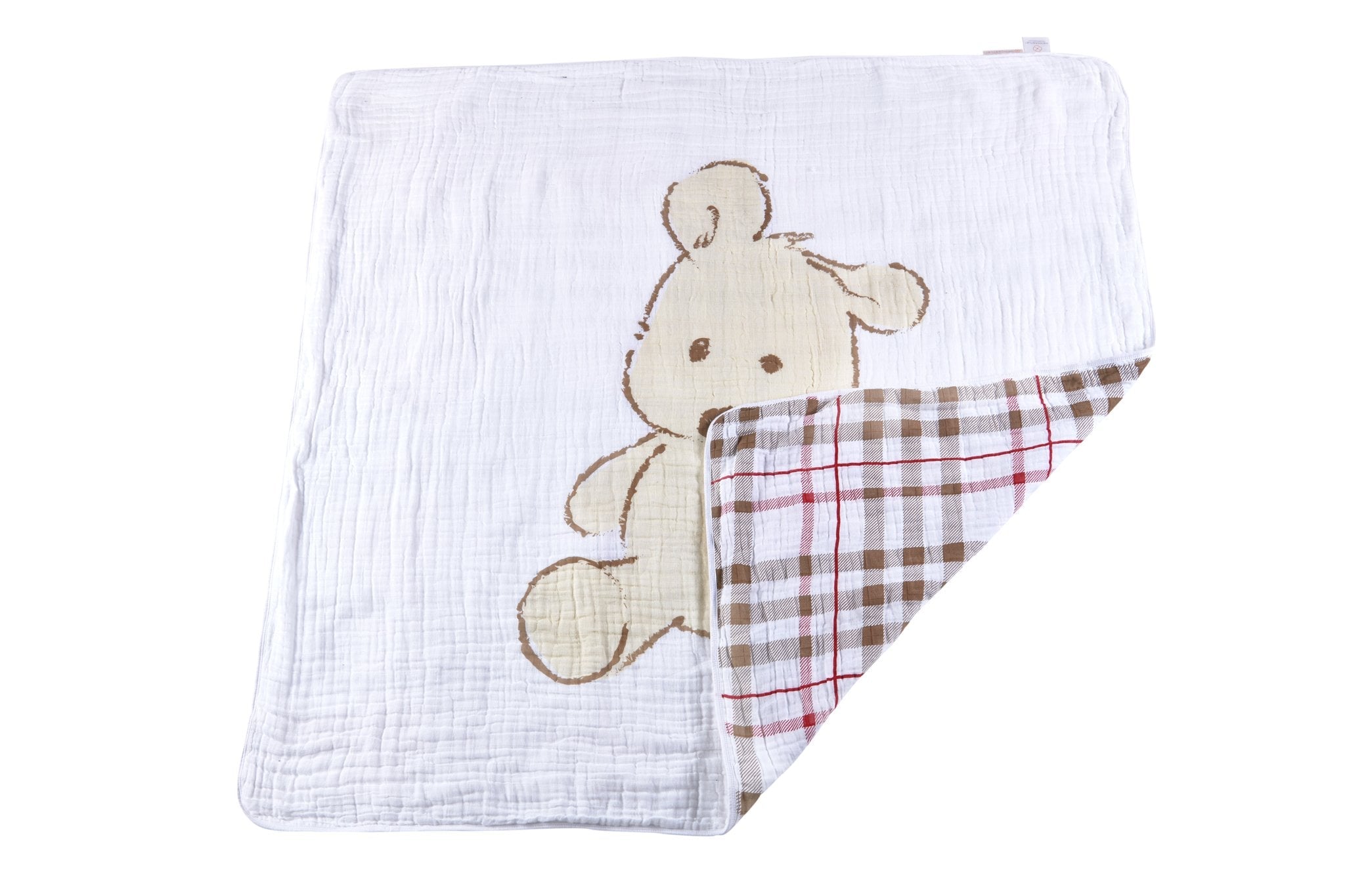 Teddy Bear and Plaid Cotton Muslin Newcastle Blanket featuring a soft, cozy design with a playful teddy bear pattern.