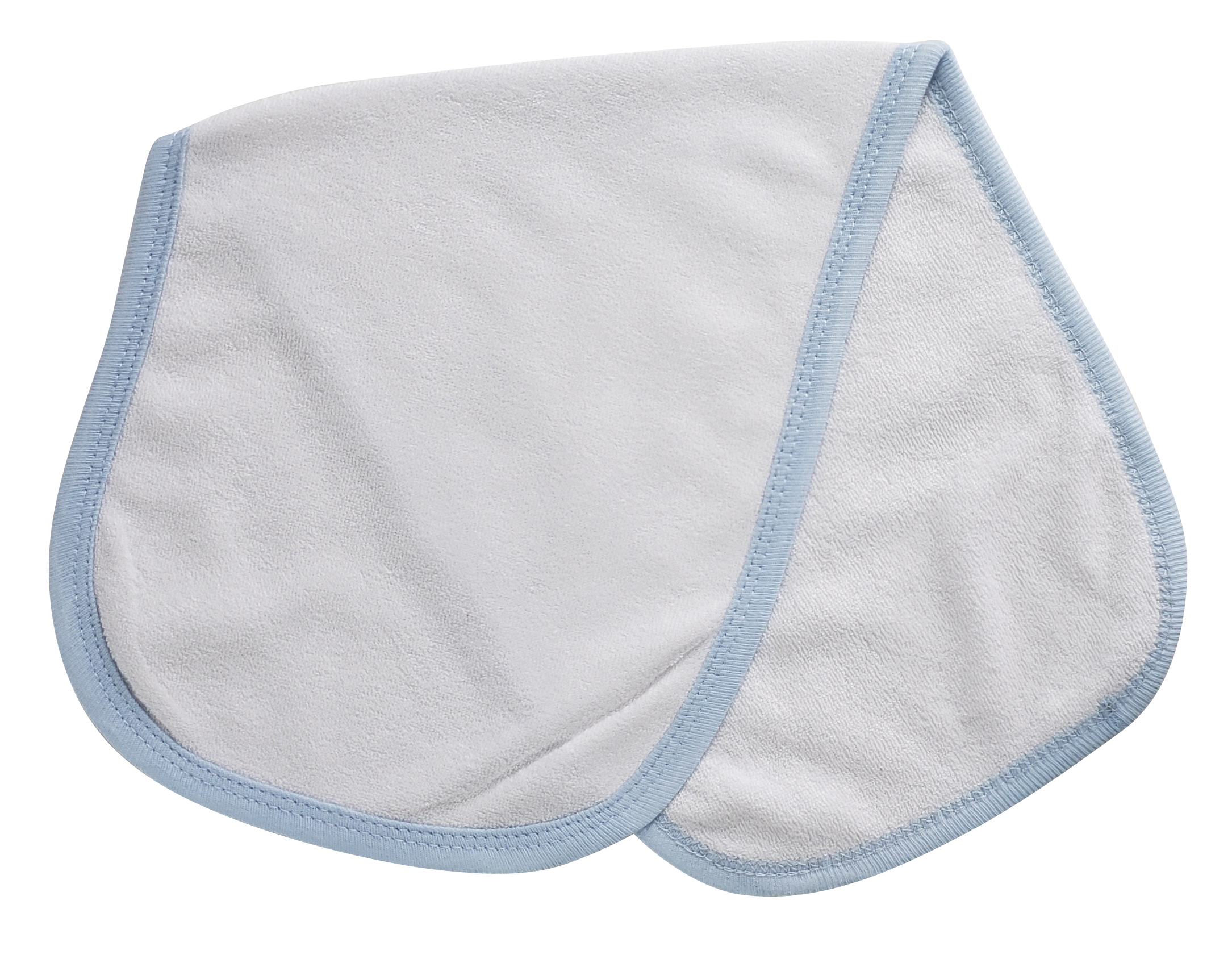 Terry burp cloth with blue trim, soft and absorbent, perfect for baby boys.