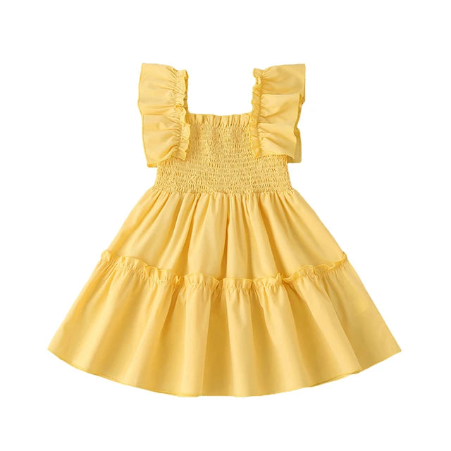 A vibrant yellow tiered smocked dress featuring flutter sleeves and a comfortable bodice, perfect for girls.