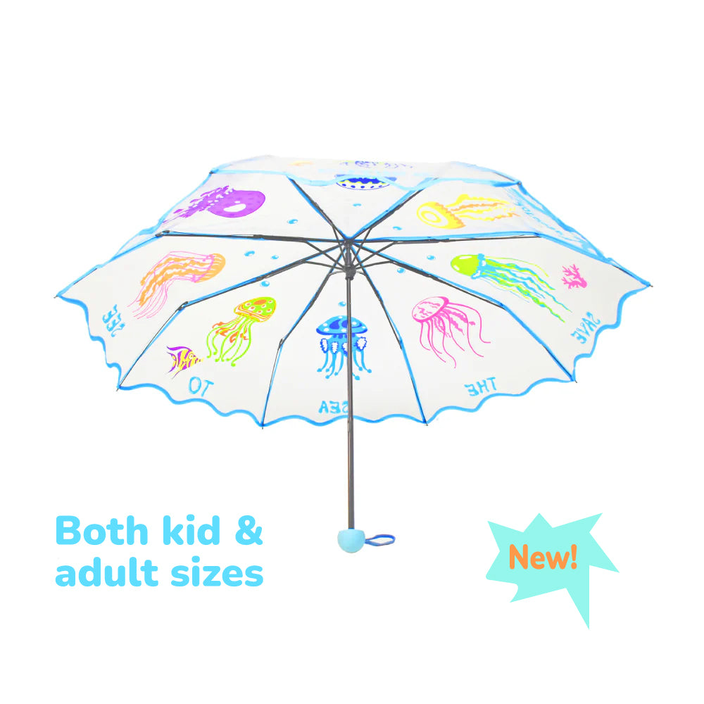 Colorful transparent jellyfish folding umbrella for kids and adults, showcasing vibrant jellyfish design and compact folding feature.