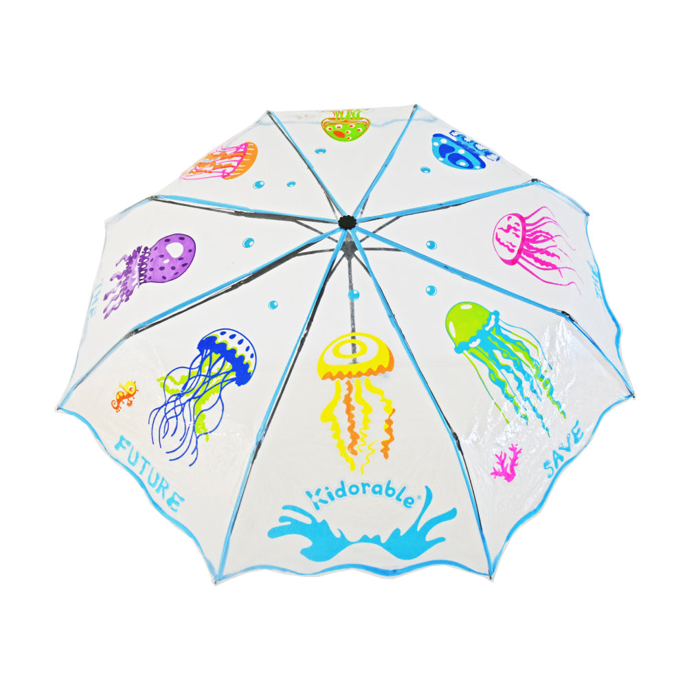 Colorful transparent jellyfish folding umbrella for kids and adults, showcasing vibrant jellyfish design and compact folding feature.