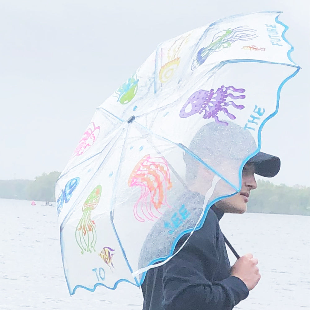 Colorful transparent jellyfish folding umbrella for kids and adults, showcasing vibrant jellyfish design and compact folding feature.