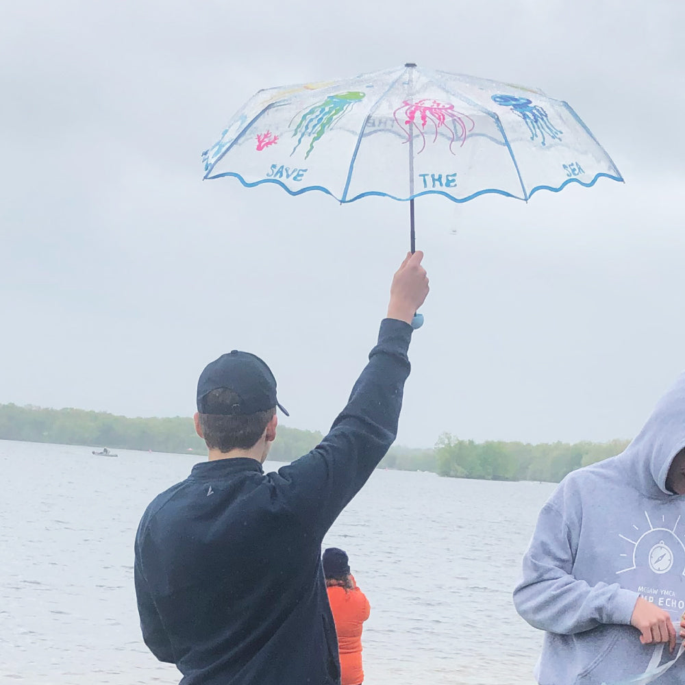 Colorful transparent jellyfish folding umbrella for kids and adults, showcasing vibrant jellyfish design and compact folding feature.