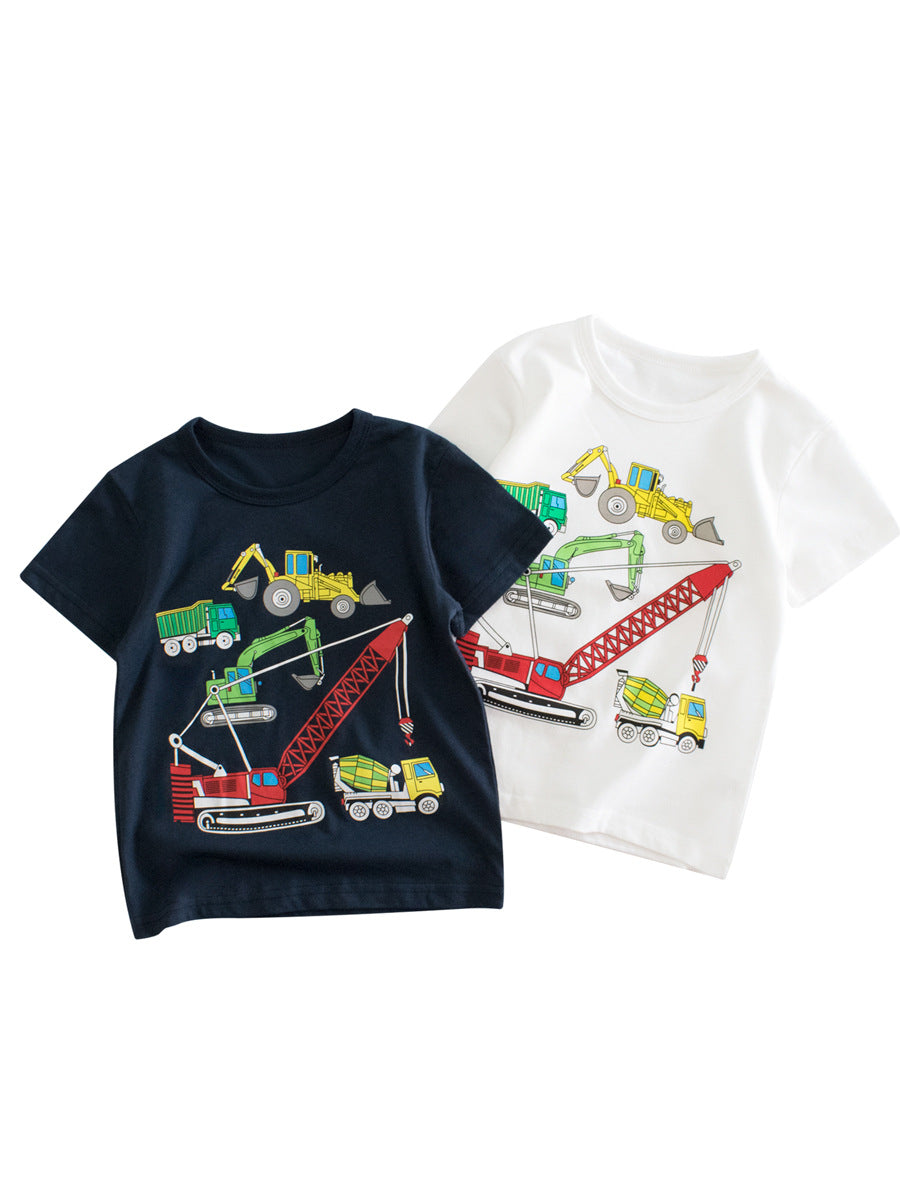 Boys' summer t-shirt featuring a colorful truck print, available in white and navy blue, made from soft cotton material.