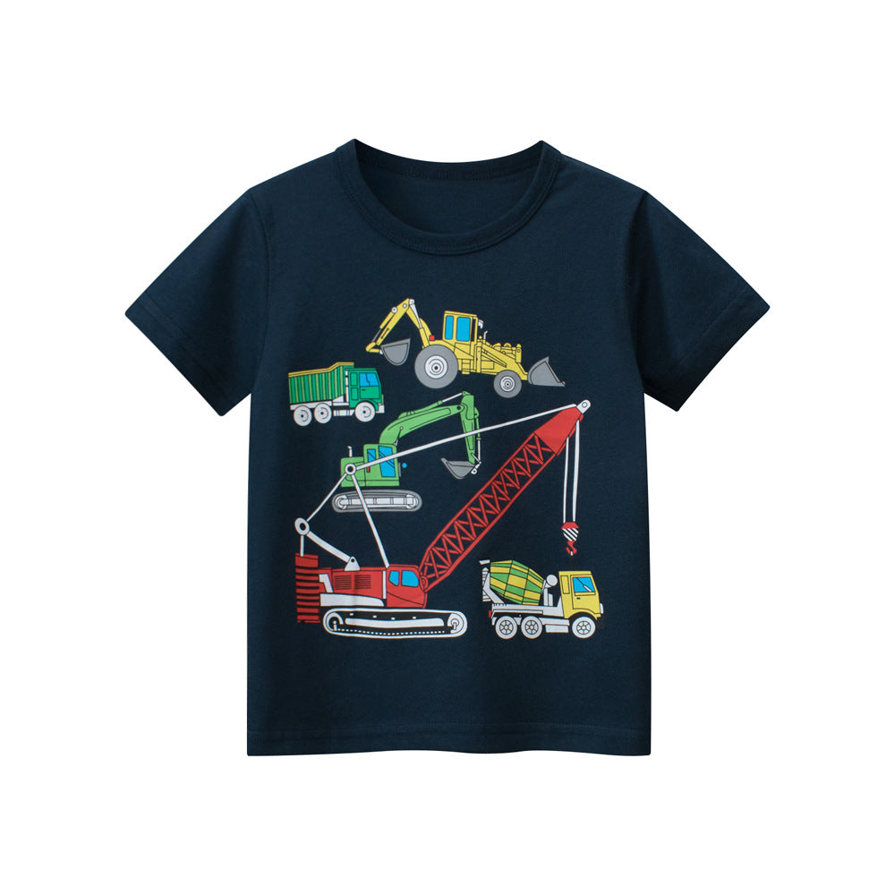 Boys' summer t-shirt featuring a colorful truck print, available in white and navy blue, made from soft cotton material.