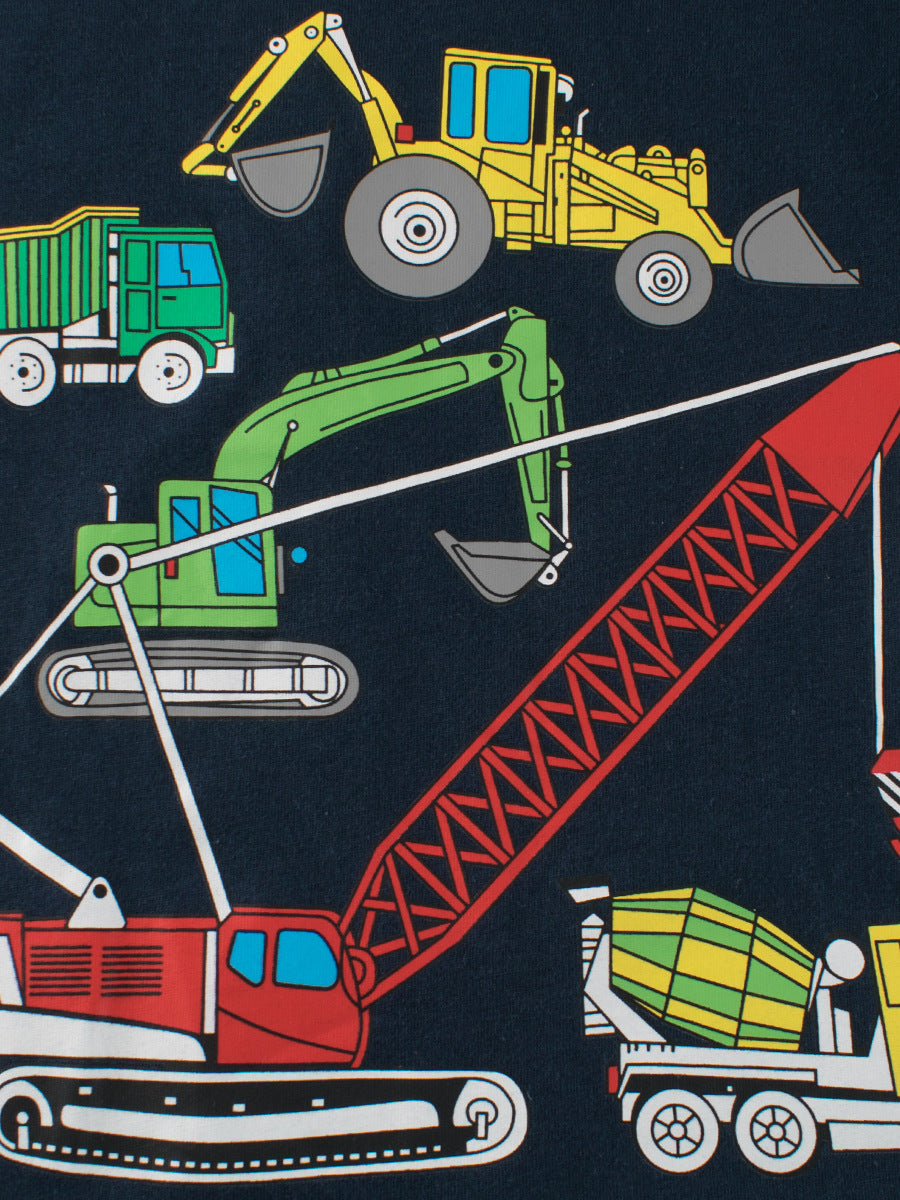 Boys' summer t-shirt featuring a colorful truck print, available in white and navy blue, made from soft cotton material.