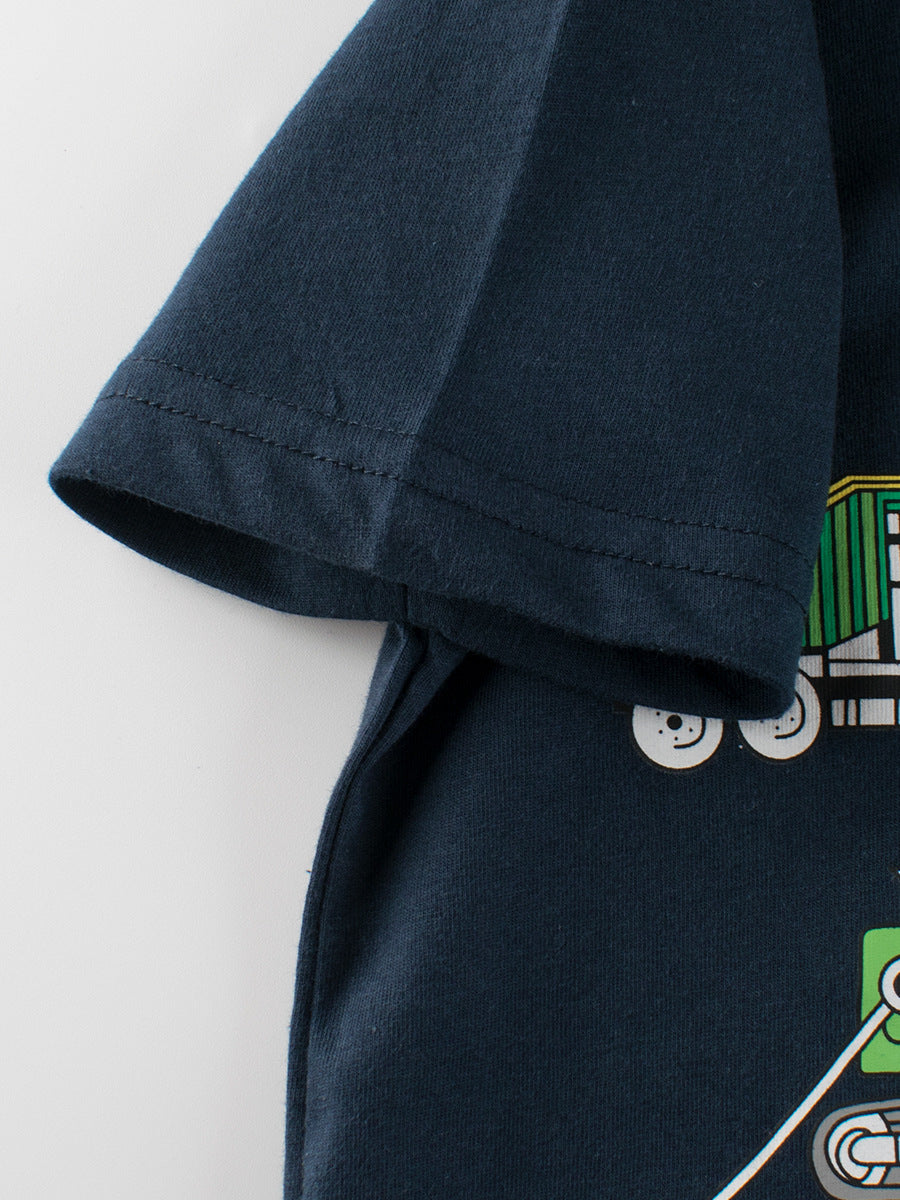 Boys' summer t-shirt featuring a colorful truck print, available in white and navy blue, made from soft cotton material.