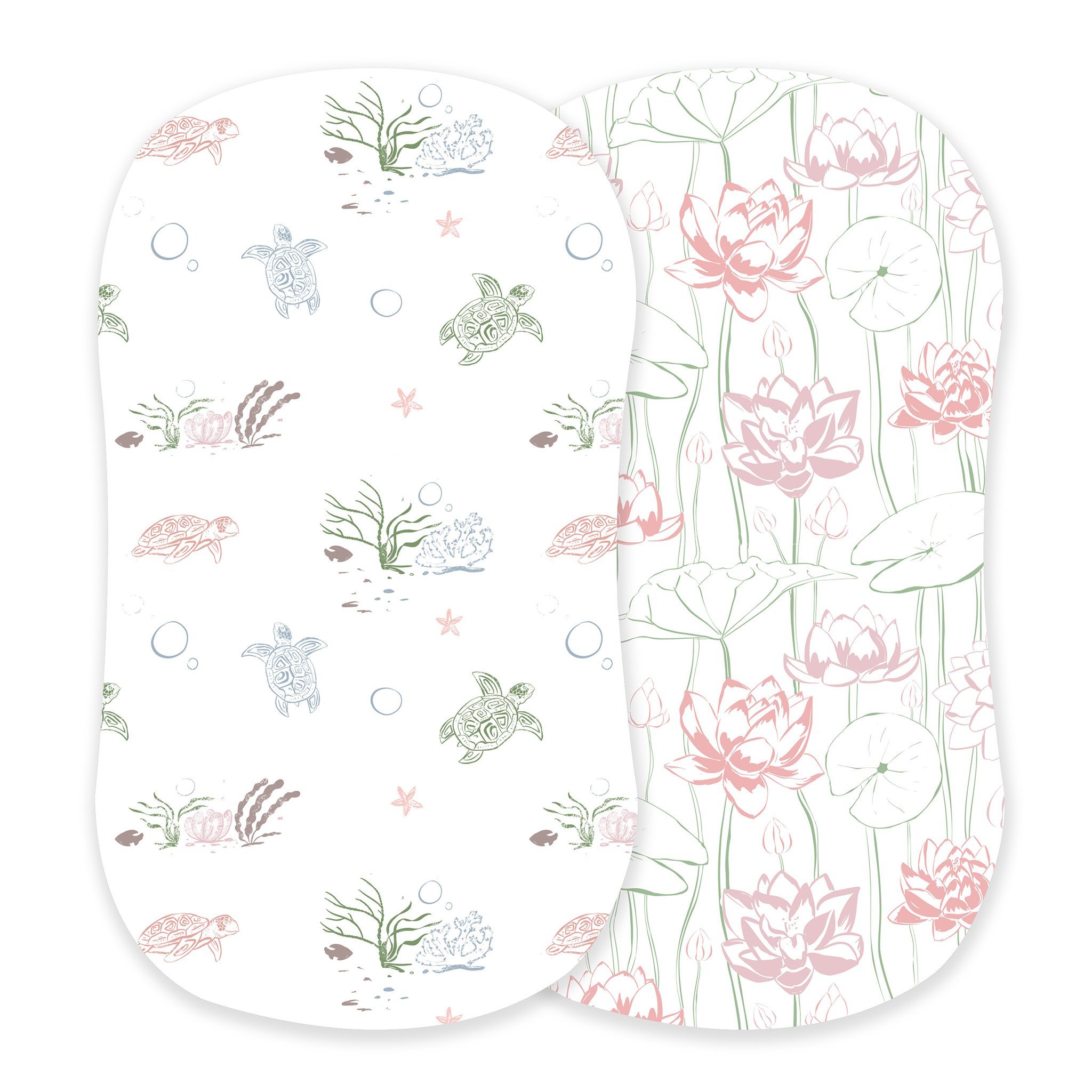 Bamboo changing pad cover featuring turtles and water lilies, soft and breathable fabric for baby comfort.