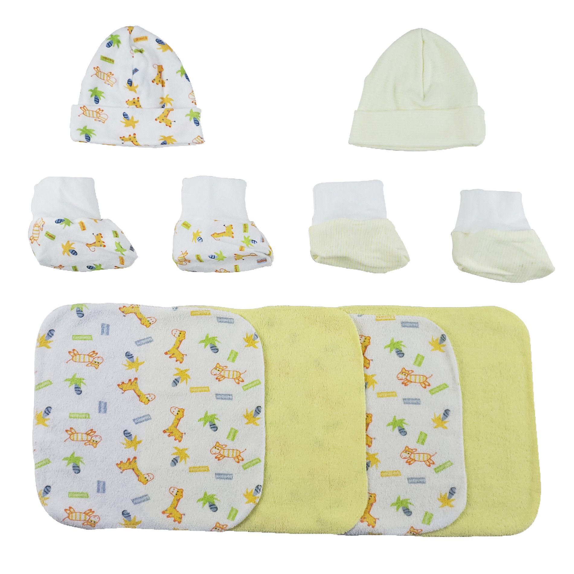 A cozy set of two rib knit infant caps and booties in soft cotton, accompanied by four absorbent washcloths, perfect for newborn care.