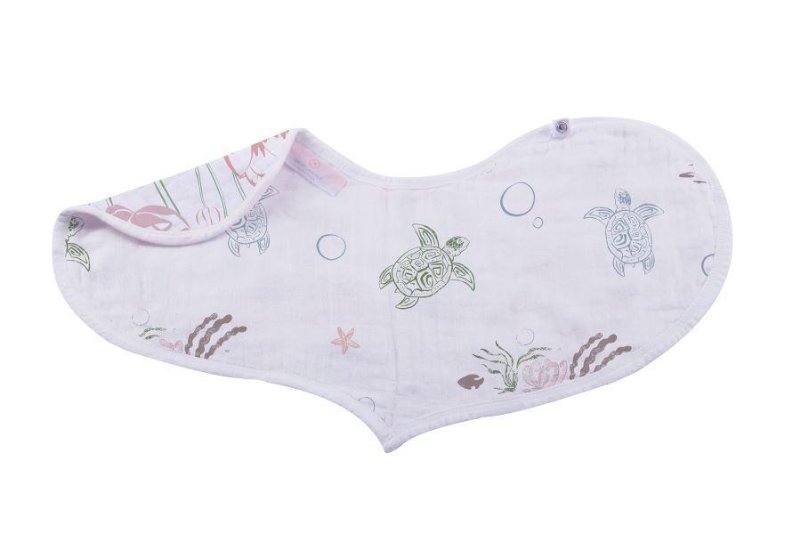 Set of 2 Under The Sea Heart Bibs made from soft bamboo muslin, featuring three snaps for adjustable fit and colorful ocean-themed designs.