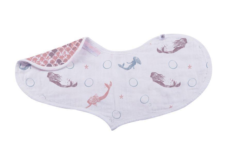 Set of 2 Under The Sea Heart Bibs made from soft bamboo muslin, featuring three snaps for adjustable fit and colorful ocean-themed designs.