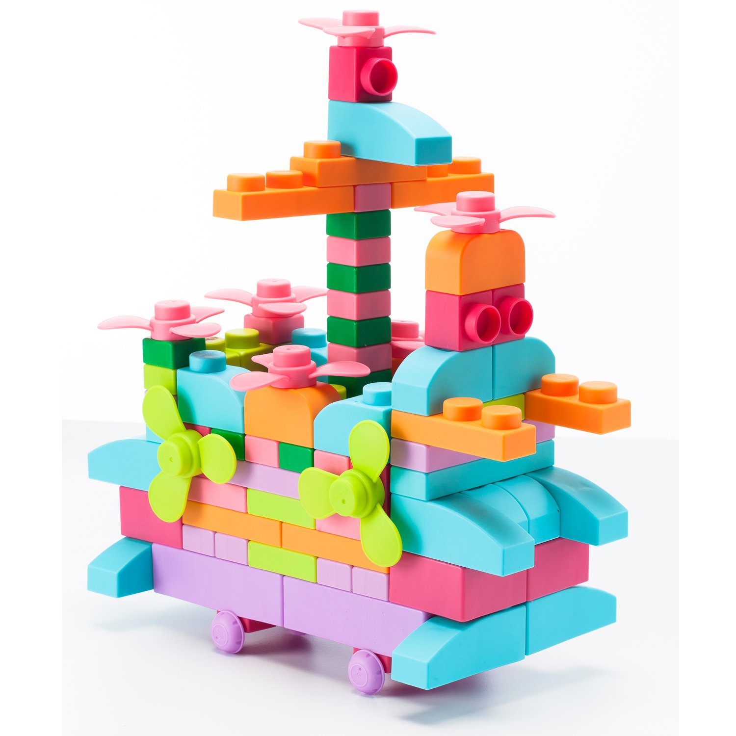 A colorful set of 80 UNiPLAY Soft Building Blocks in pastel colors, designed for safe and imaginative play for children.