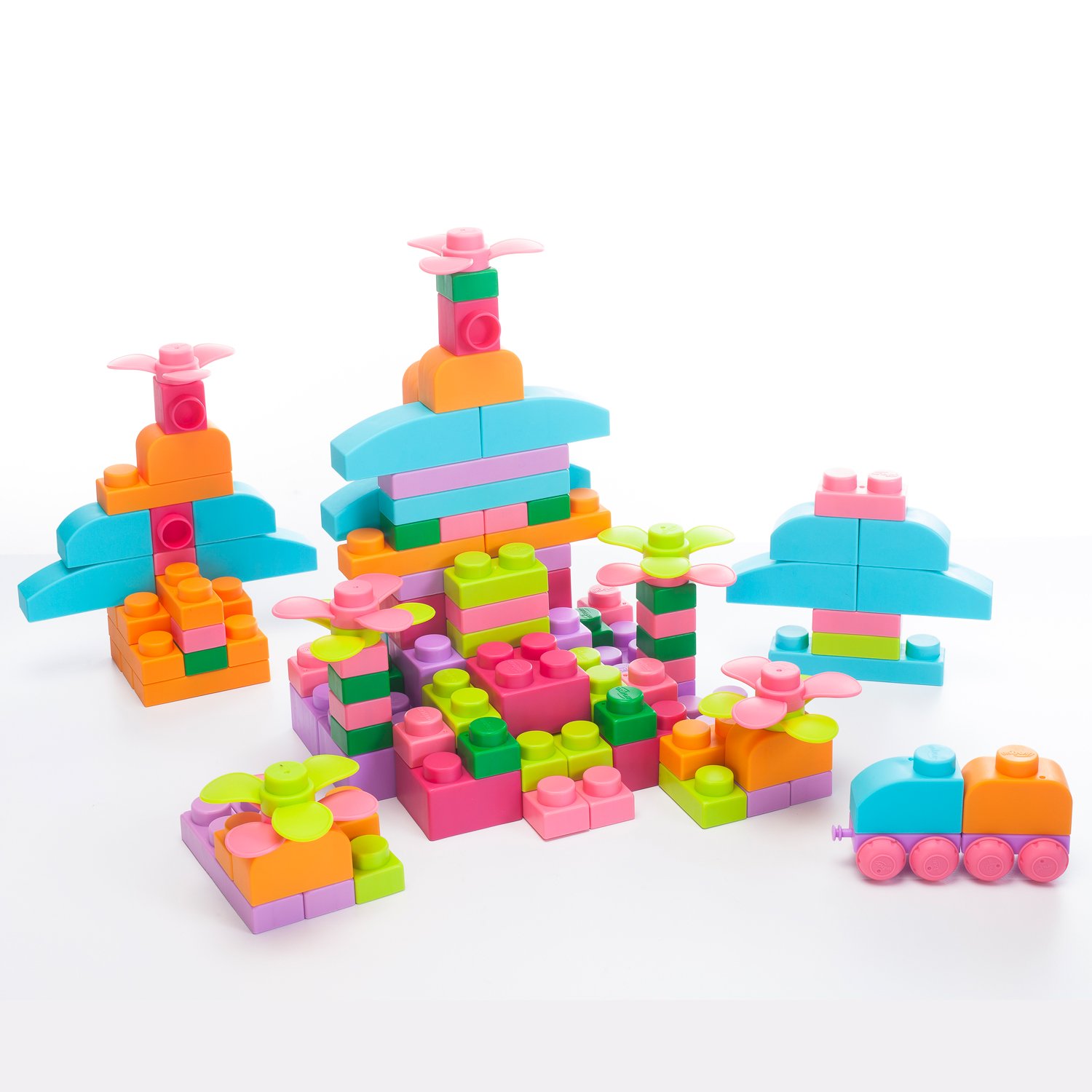 A colorful set of 80 UNiPLAY Soft Building Blocks in pastel colors, designed for safe and imaginative play for children.