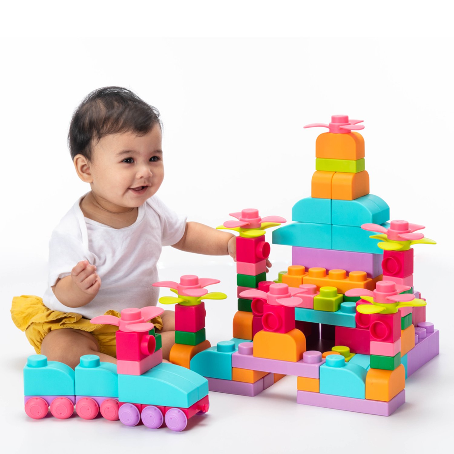 A colorful set of 80 UNiPLAY Soft Building Blocks in pastel colors, designed for safe and imaginative play for children.